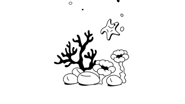 Stylized icon animation of coral reef with underwater plants and rocks