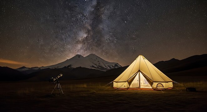 Stargazing Adventure Illuminated Bell Tent and Telescope Beneath the Milky Way and Distant Mountains