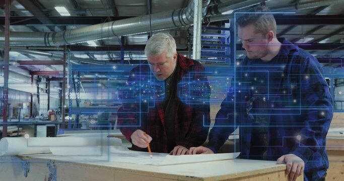 Leaning senior marking plans on shop bench, tech watching with pencil, in flannel and AR overlay