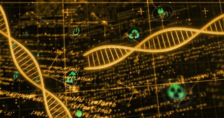 Displaying golden DNA helix occupying center in lab visual, with luminous rungs and green icons