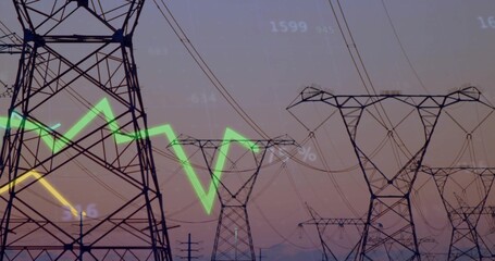 Framing steel lattice pylons, sagging wires and insulators at dusk, with green yellow overlays