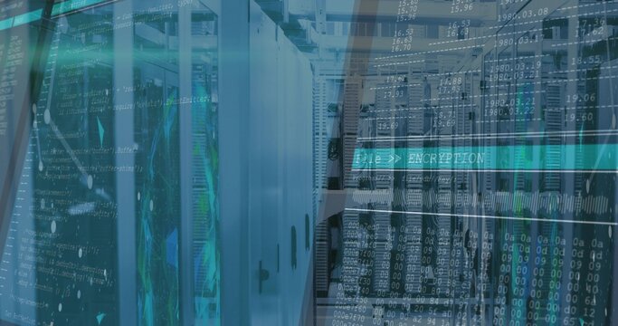 Displaying server racks with LEDs and cable bundles in data center aisle, showing ENCRYPTION