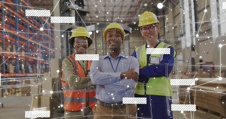 Standing three workers in warehouse wearing yellow hard hats and hi vis vests, showing AR overlay
