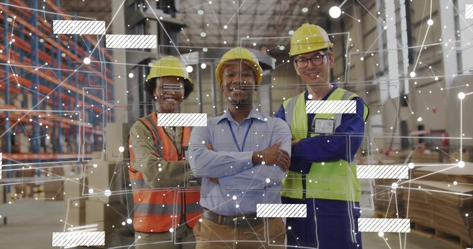 Standing three workers in warehouse wearing yellow hard hats and hi vis vests, showing AR overlay