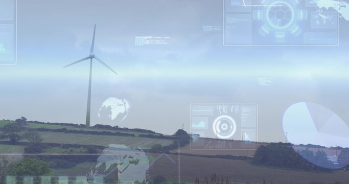 Standing white wind turbine spinning on rural ridge, with terraced fields, data HUD, copy space