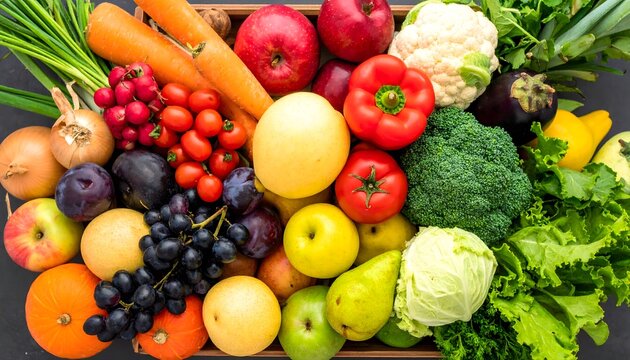 Vibrant assortment of fresh fruits and vegetables in a crate. Colorful organic harvest mix including apples, broccoli, and peppers for healthy diet concepts.