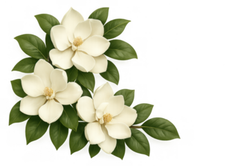 White magnolia flowers creating a beautiful floral corner border, blooming with green leaves, transparent background