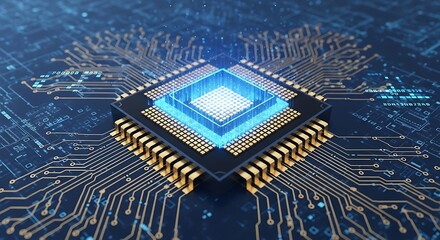 Illuminated central processing unit on a digital circuit board representing advanced computing power and connectivity for future technology