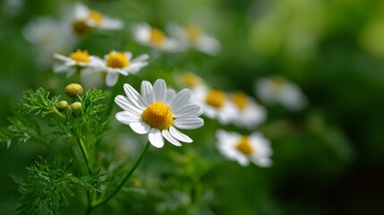 Fototapeta premium Chamomile flowers bloom in a lush garden, showcasing their delicate white petals and bright yellow centers during a sunny afternoon