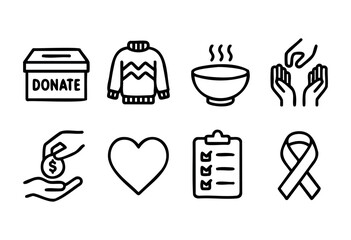 Various icons depict acts of kindness, including donation boxes, warm food, helping hands, and symbols of love and care. These elements symbolize community support and compassion.