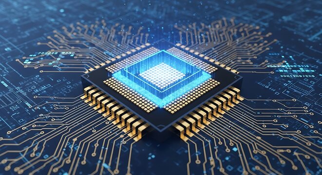 Illuminated central processing unit on a digital circuit board representing advanced computing power and connectivity for future technology
