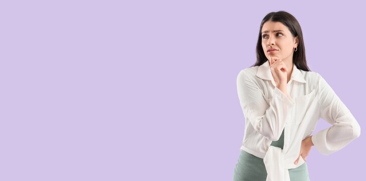 Thoughtful young woman on lilac background with space for text - Powered by Adobe