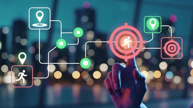 Hand touches glowing target connected to location pins and navigation network diagram. Digital gps tracking, geolocation mapping, smart routing system, and urban mobility technology concept