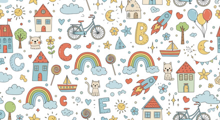 Fototapeta premium Childlike Doodle Pattern with Rainbows Rockets Cats Houses on White Background