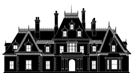 Fototapeta premium Detailed silhouette of a grand Victorian-era mansion showcasing intricate architectural features