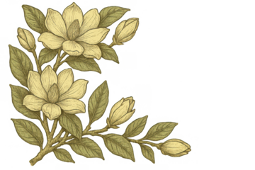 Magnolia flowers and leaves vintage botanical illustration on transparent background, blooming springtime floral drawing