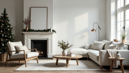 Naklejka premium A warm and inviting living room decorated for Christmas, featuring a beautifully lit tree and comfortable furnishings