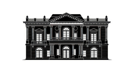 Detailed silhouette of a grand mansion featuring classical architectural elements and ornate