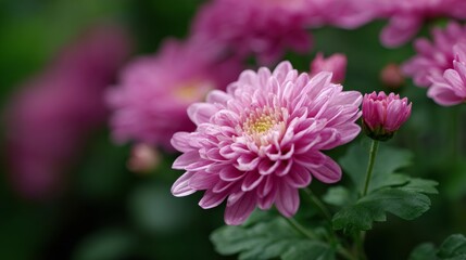 Obraz premium Chrysanthemum blooms in vibrant pink colors adorn a garden during the afternoon sunshine in a tranquil setting