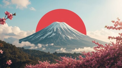 Majestic mount fuji framed by cherry blossoms and a rising sun