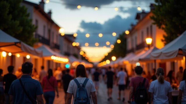A group of people walking down a city street at night, illuminated by streetlights and the glow of surrounding buildings