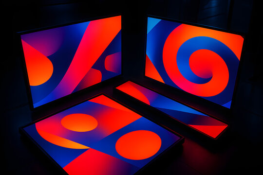 Vibrant Geometric Light Displays: Abstract Art Installation with Red, Orange, and Blue Hues