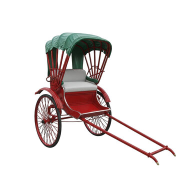Vintage red rickshaw with green canopy isolated on black background