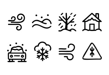 Various weather symbols depict wind, snow, and cold conditions. Icons include gusts, snowflakes, a tree, and a car, conveying different atmospheric scenarios effectively.