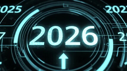 Year 2026 with forward arrow in futuristic digital interface. Timeline concept for progress, innovation planning, business strategy, upcoming developments, calendar projection, technological