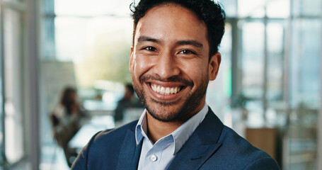 Obraz premium Pride, happy and portrait of business man in office for about us, confidence and brand manager. Professional, smile and campaign opportunity with person in marketing agency for creative startup