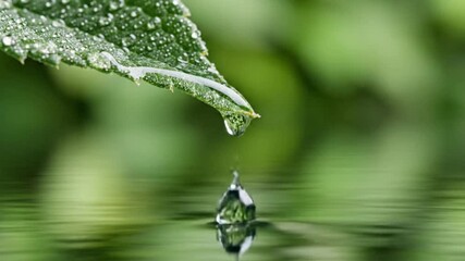 A pristine water droplet, glistening with reflected natural light, delicately hangs from the tip of a vibrant green leaf, moments before it gracefully falls into a serene, rippling pool of water below - Powered by Adobe