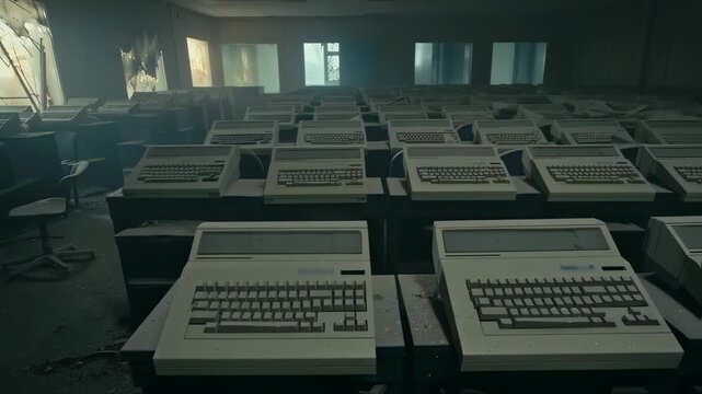 Abandoned classroom filled with dusty, obsolete computers under dim, natural lighting