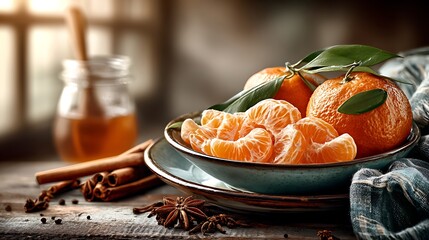 cozy still life with mandarins on a plate and cinnamon sticks