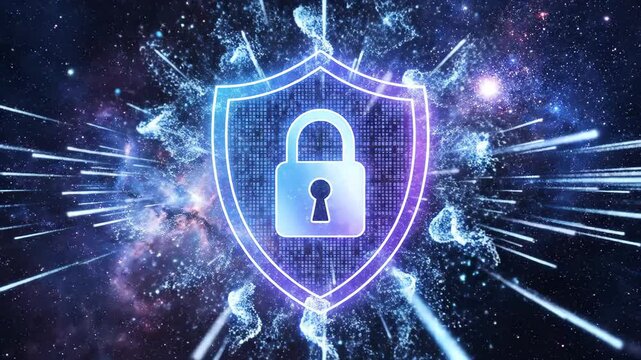 Security Lock Icon in a Cosmic Digital Space with Bright Energy Lines Visible Foreground Background Stars and Galaxy Enhance the Sci Fi Vibe