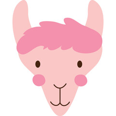 Obraz premium Cute Pink Llama Face Illustration with Fluffy Hair and Rosy Cheeks on Transparent Background Simple Flat Design