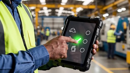 Industrial worker uses rugged tablet for safety checklist in manufacturing facility. Factory operator with protective vest selects equipment inspection icons on touchscreen device for quality control, - Powered by Adobe