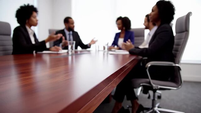 Business professionals conduct meeting at boardroom conference table. Corporate team discussion with executives in formal attire for strategy planning, collaboration, decision making, partnership