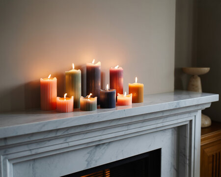 Group of lit pillar candles with textured surfaces on a mantelpiece Keywords: candle, candles