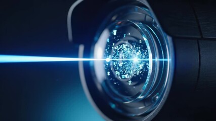 Camera lens with bright blue laser beam passing through optical glass elements. Light refraction creates particle effects in professional equipment. precision technology