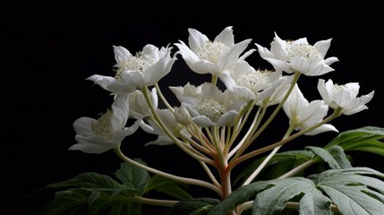 Fatsia plant displays elegant white flowers against a dark background, showcasing its unique beauty and intricate details in a moment of natural splendor