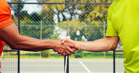 Fototapete Rund Gymnastik Men, handshake and padel with court for game start, match or beginning outdoor competition. Closeup, male people or athletic players shaking hands for sport tournament, challenge or training on turf  © peopleimages.com