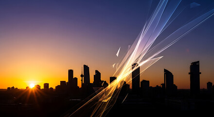 Modern urban skyline with digital light network at colorful dawn