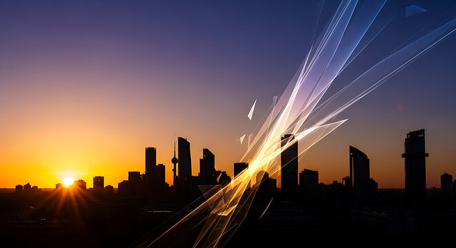 Modern urban skyline with digital light network at colorful dawn