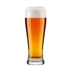 Tall glass of refreshing cold lager beer with foam.