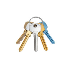 Rusty key set, old vintage metal security object, isolated on white background