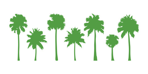Fototapeta premium Palm trees in green are isolated on a white background. Green Silhouettes of palms. A design of palm trees suitable for posters, banners, and promotional uses. Vector illustration.