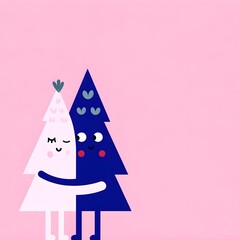 Minimal, fragile line vector of two friends hugging under a Christmas tree, thin elegant lines, red and green pastel accents, cozy, warm holiday scene, modern continuous-line style, perfect for cards.