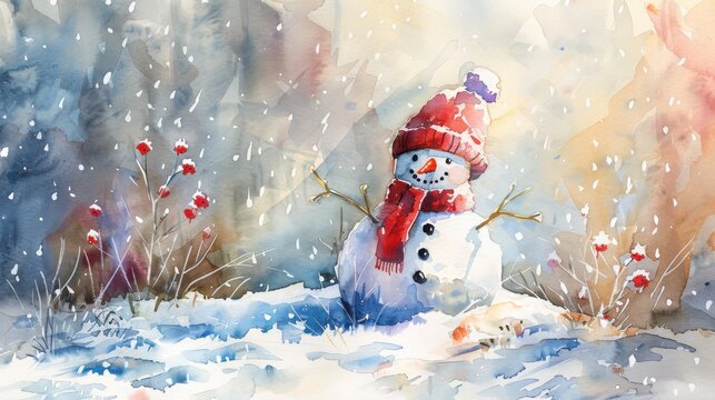 Watercolor painting of a snowman with a red hat on a snowy background - Powered by Adobe