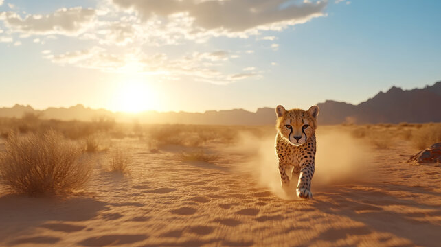 Cheetah desert running fast wild sunrise dust landscape nature speed animal predator mammal - Powered by Adobe