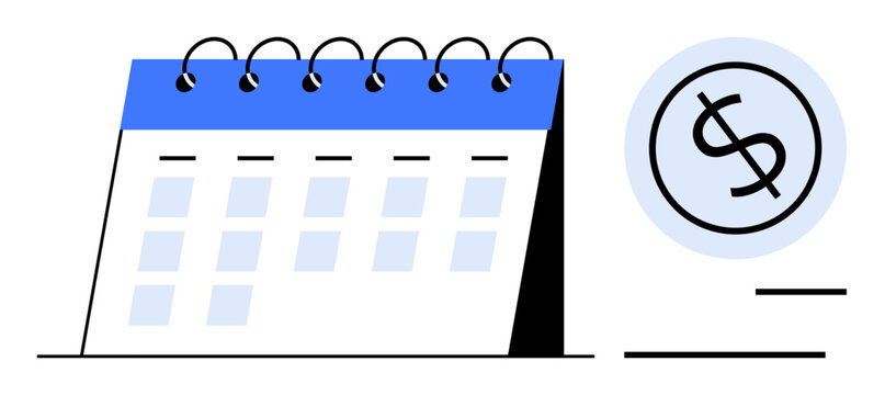 Simplified calendar page adjacent to a dollar symbol, emphasizing budgeting, scheduling, and financial planning. Ideal for time management, finance, productivity, savings deadlines planning. Simple